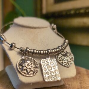 Sister Silver Charm Bracelet with Heart and Disc Accents